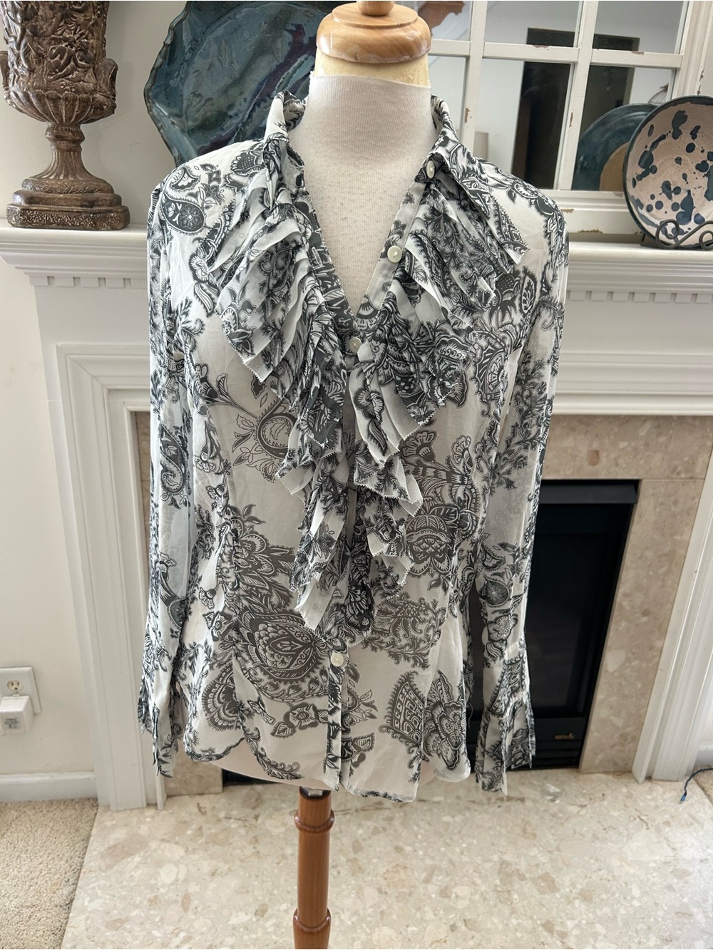 Cabi Ruffle Front Gray Print Sheer Blouse